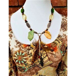 Necklace. Green Orange Faux Stones. Antique Gold Chain. Feathers. Beaded. NWT.